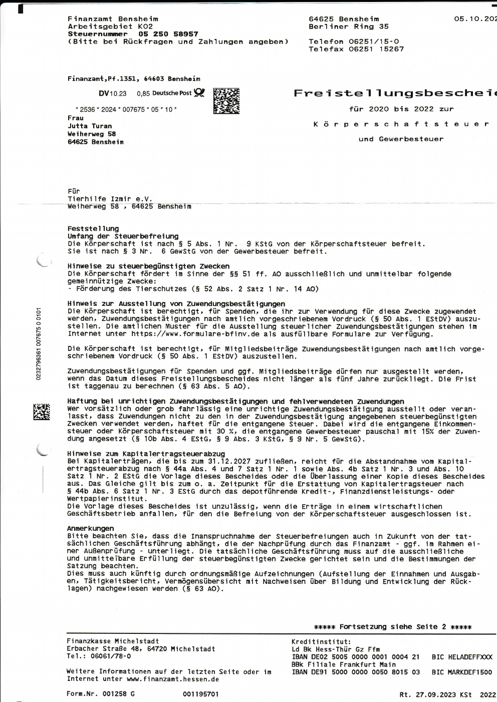 Freistellungsbescheid 2020–2022
